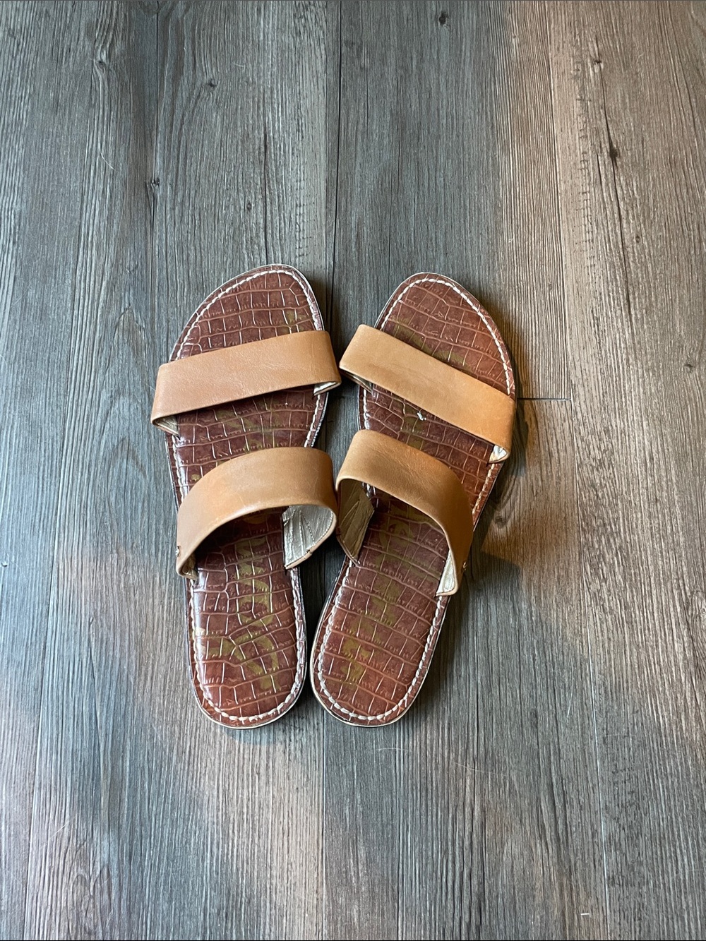 Sam Edelman Tan & Brown Double-Strap Womens Slide Sandals